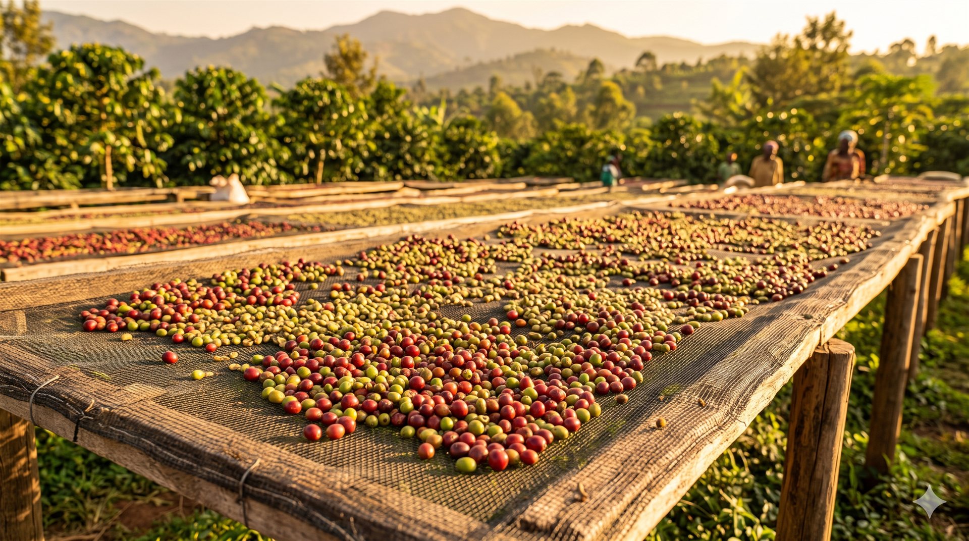 Plantație de cafea — boabe la uscare la origine