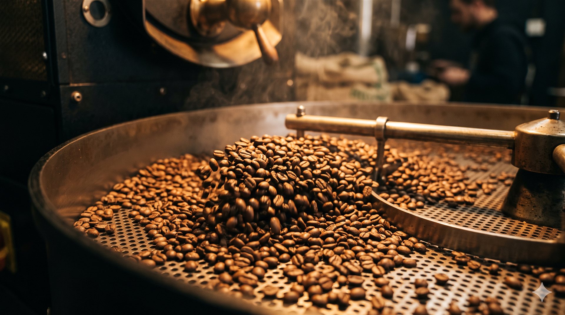 Boabe de cafea la prăjire în tambur